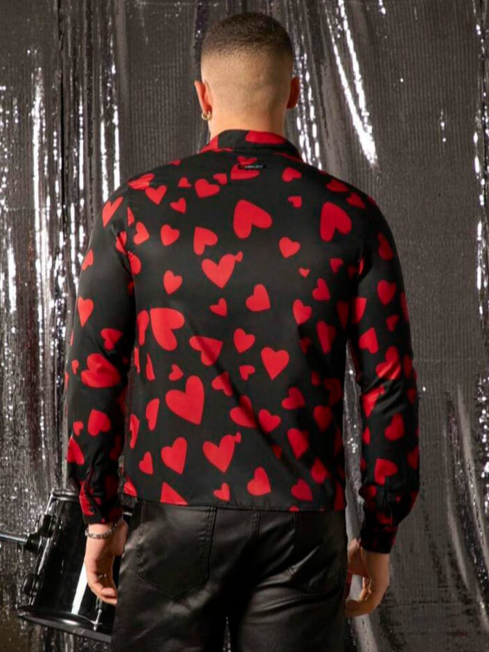 Streak Hawk Men's Loose Woven  Red sweet Heart Printed Classic Valentine Long Sleeve Shirt